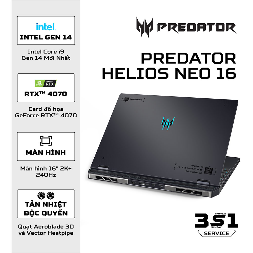 Laptop Acer Predator Helios Neo 16 PHN16-72-94KC NH.QNMSV.005 (Thông số: Intel Core i9-14900HX |RTX 4070 8GB |ram 16GB | 1TB | 16 inch WQXGA | Win 11 | Đen)